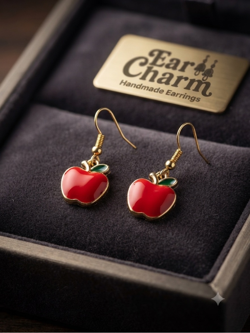 New- Apple Charm Dangle Earrings - Red with Green Leaf